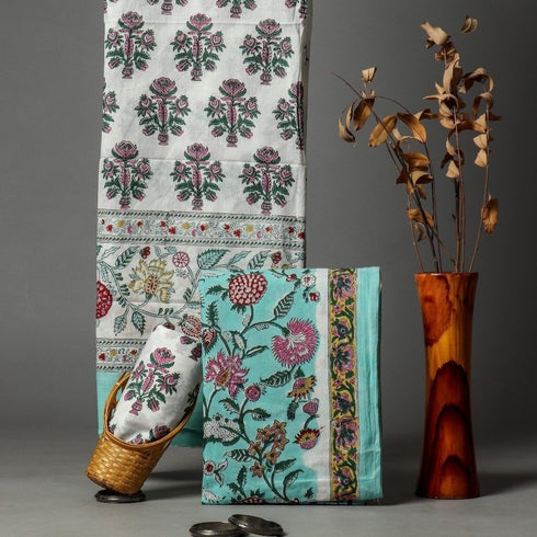 Designer Hand Block Print Cotton Suit Set with Mulmul Dupatta (PRMUL30)